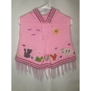 Girls S Knit Pink Sweater Peruvian Bright Poncho Farm Animal Embroidered Fringe